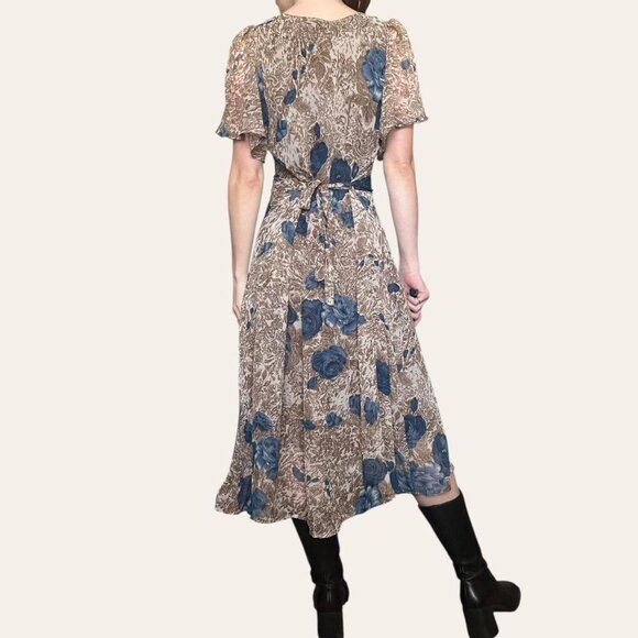 90s vintage chiffon midi dress brown/tan/blue floral - Large - Picture 4 of 7
